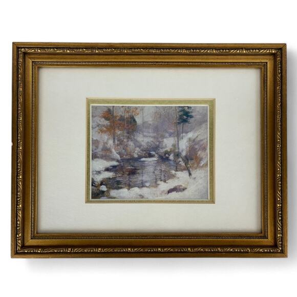 Framed Winter Landscape Painting Print in Gold Ornate Frame - Picture 1 of 6